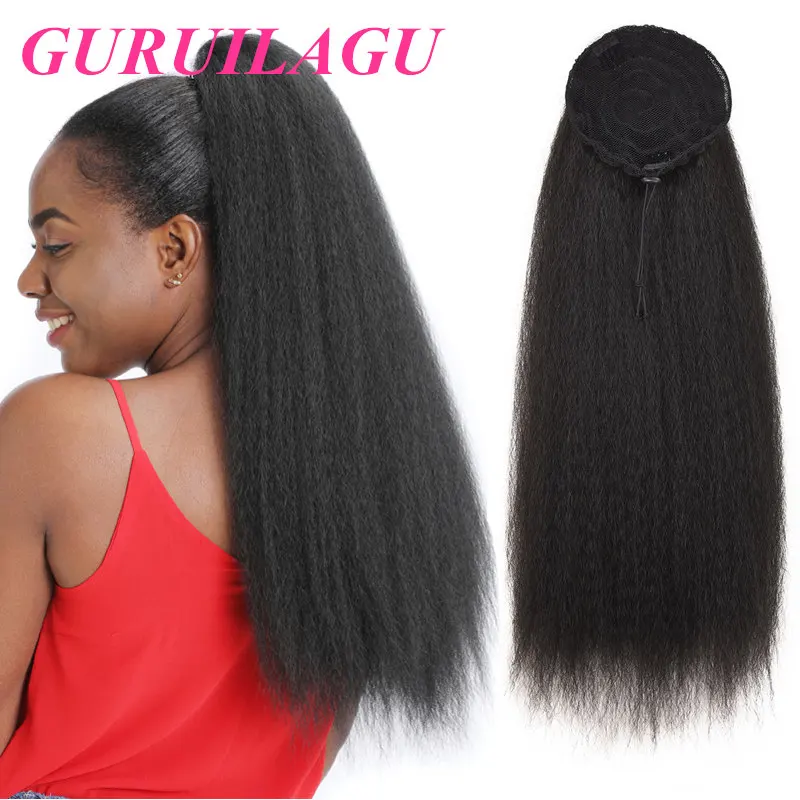 Cabelo de Cavalo Sintético com Grampo em Cordão Rabo de Pônei Longo Kinky Reta Feminino Ombre Loira Fack