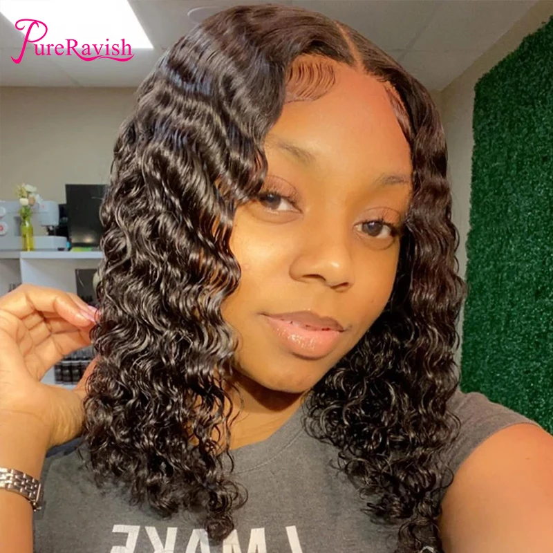 

Remy Human Hair Wig Short Bob Deep Curly Wave Wigs Pre Plucked With Baby Hair 13x4 Lace Front Human Hair Wigs 180% Brazilian