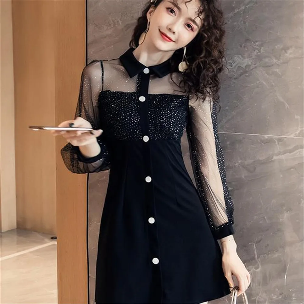 Женское платье летнее весеннее Осеннее Сетчатое кружевное черное Короткое мини