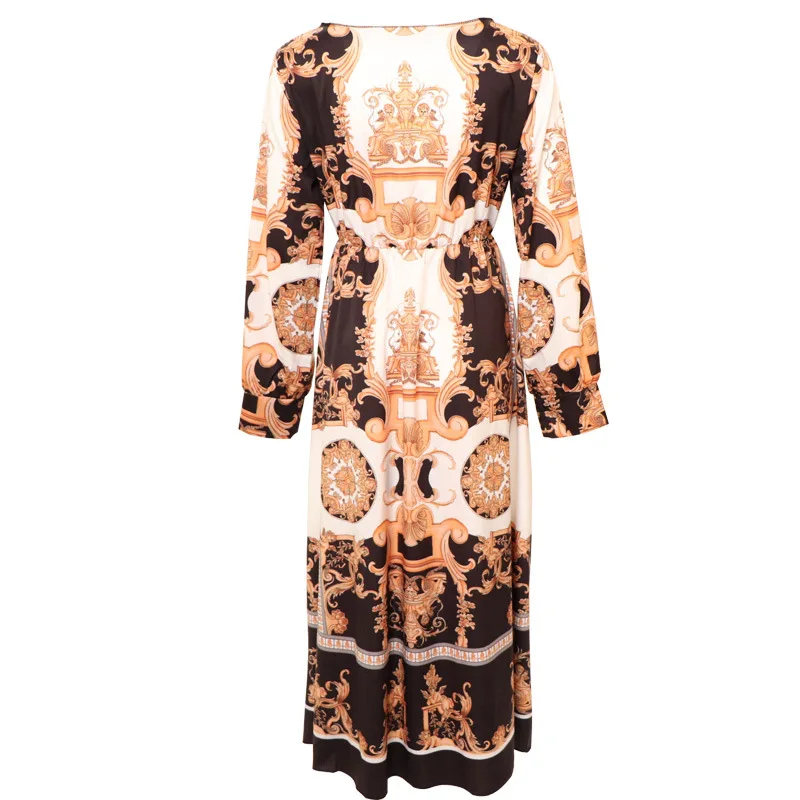 

Vintage Women Chic Printing Party Dress 2020 Autumn Newest Lady's Sexy Deep V-neck Full Sleeve Sashes Loose Floor-length Dresses