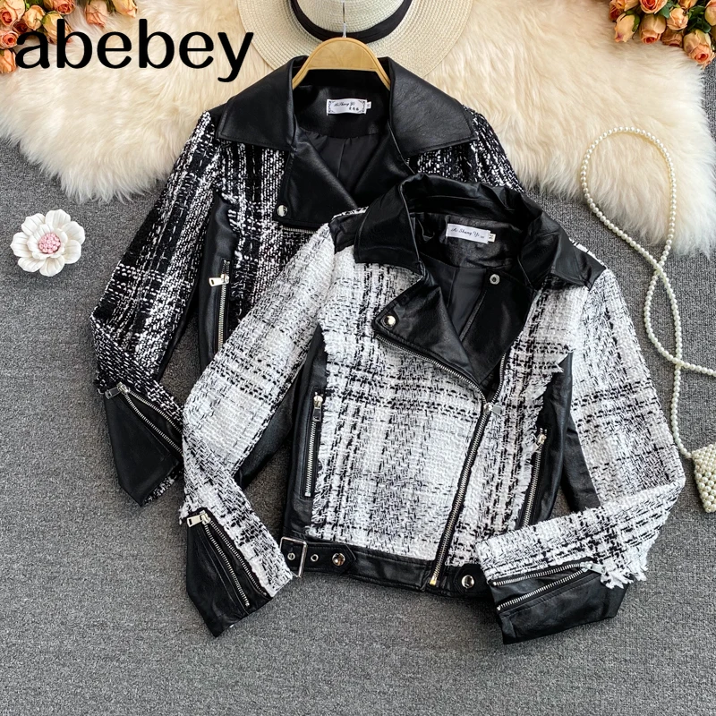 

2021 New Spring Autumn Fashion turn down collar long sleeve zipper Coat PU leather patchwork short tweed plaid Jacket Top