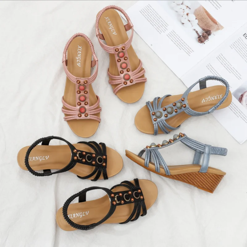 

2021 Summer New Retro Casual Fashion All-match Roman Shoes Women's Thick-soled Slope with Mid-heel Ladies Sandals XM086