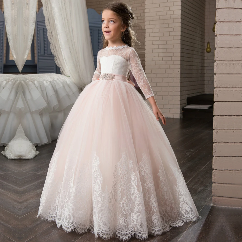 

3/4 Sleeves Flower Girl Dresses For Weddings Ball Gown Tulle Lace Beaded Bow Long First Communion Dresses For Little Girls