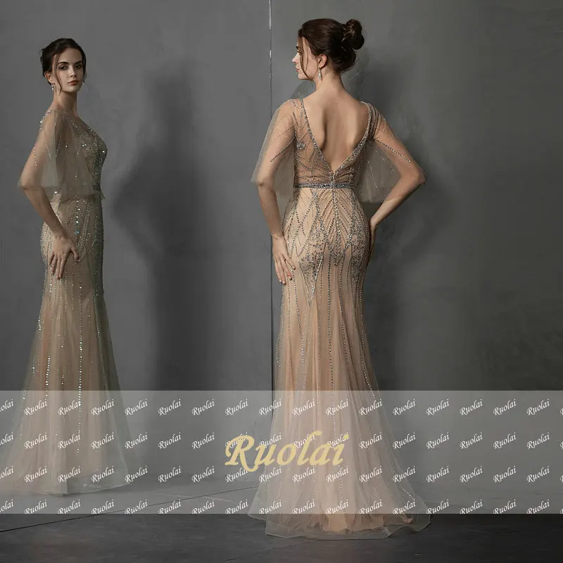 Элегантные вечерние платья цвета шампанского с русалочкой длинные роскошное Деловое платье без спинки Дубай Вечерние Платья de festa longo