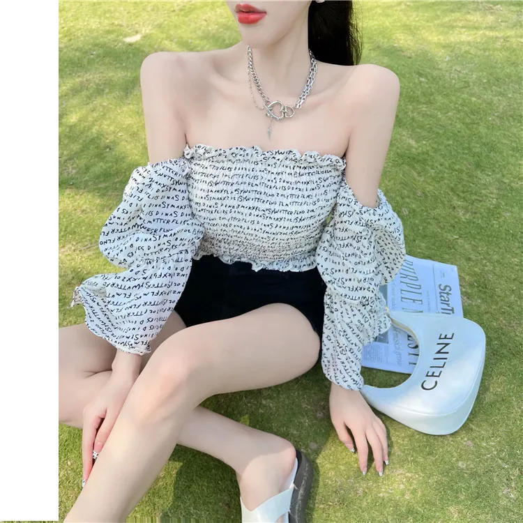 

Women's Off Shoulder Sleeve Slim Short Shirts Black White Crop Top Sexy Slash Neck Letter Print Fold Elasticity Chiffon Blouses
