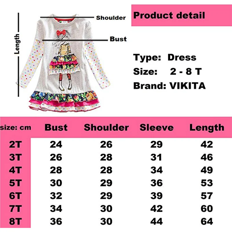 VIKITA Girls Dress Autumn Spring Girl Princess Casual Dresses Children Cotton Dress for Girls Long Sleeve Children Clothes