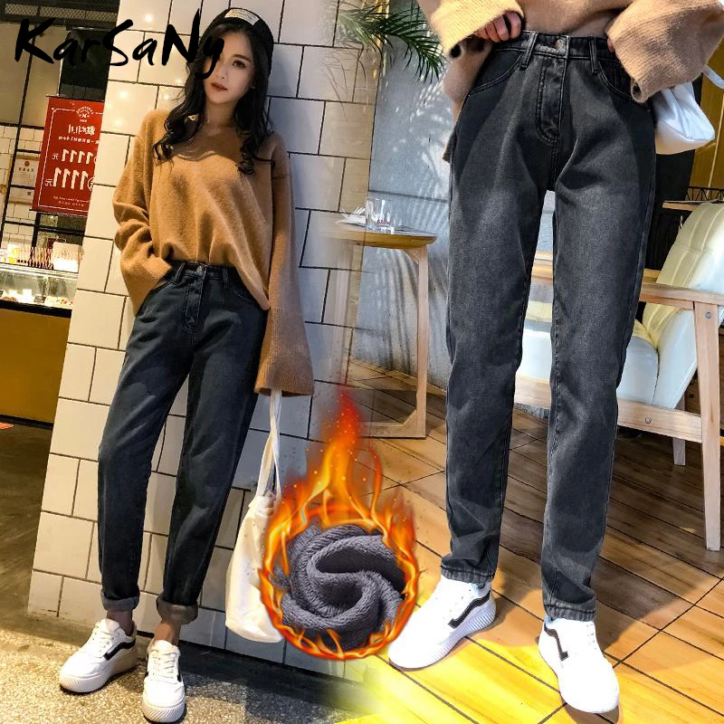 Джинсы для женщин в стиле бойфренд с высокой талией зимние теплые бархатные