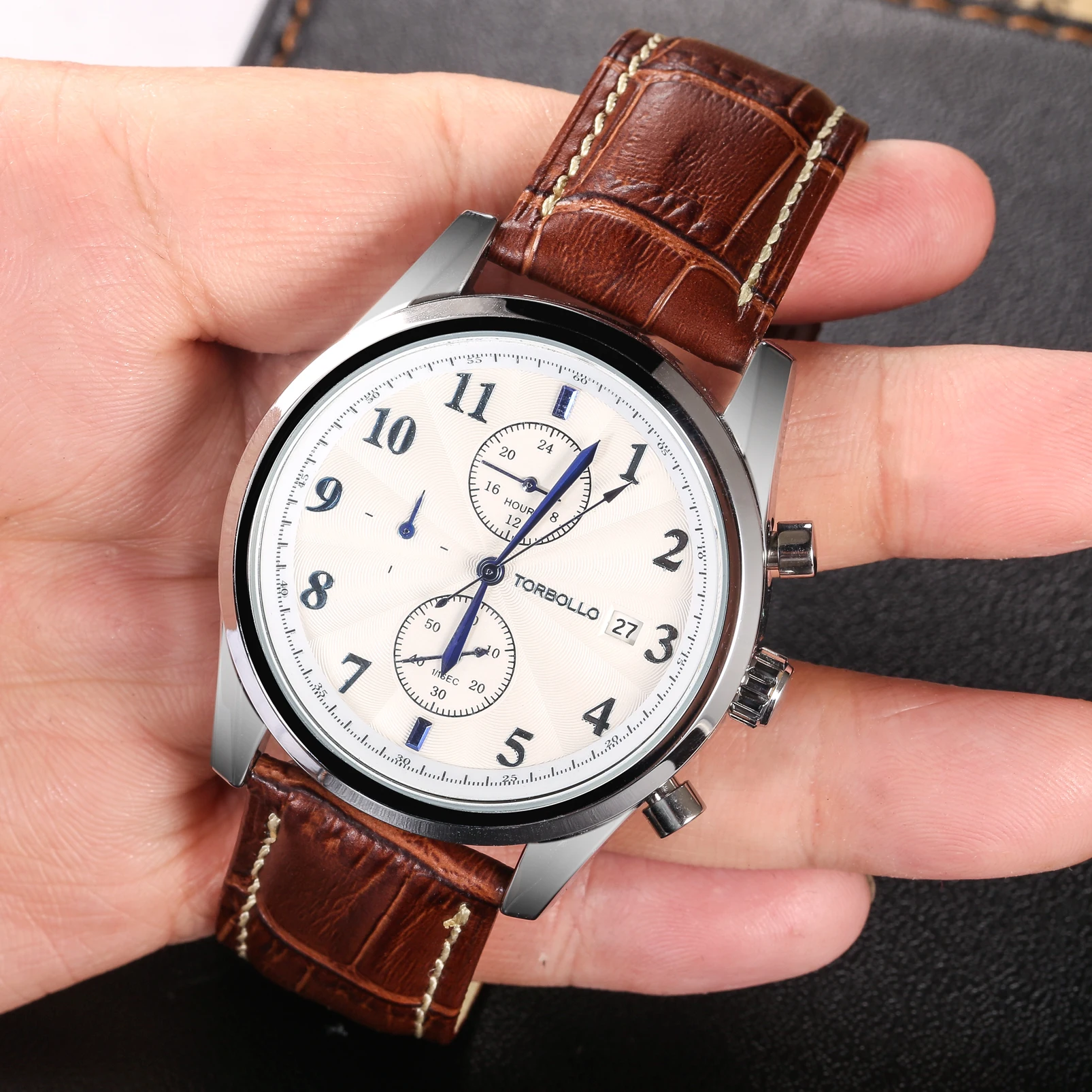 Alligator Embossed Leahter Watch Band Quick Release Brown White Stitch Top Grain Replacement Watches Strap 16mm 18mm 20mm 22mm | Наручные