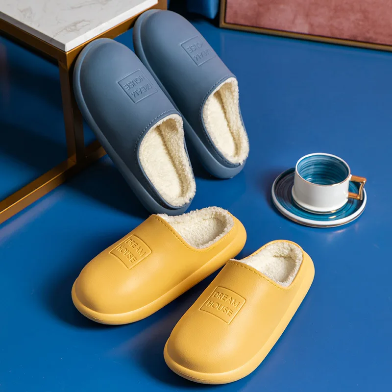 

Winter Home Fur Slippers Men Casual Super Warm Cotton Slip On Shoes Waterproof Lovers Indoor Plush House Couple Slippers TX472