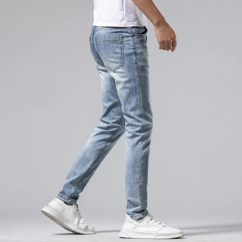 High-End Spring And Summer Thin Section Of Youth Men's Jeans Mid-Waist Cotton Retro Slim Stretch Feet Men's Clothing Trousers
