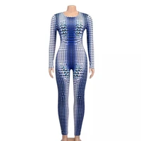 printing bodycon long sleeve rompers female jumpsuit streetwear blue autumn fashion one piece outfit sportswear