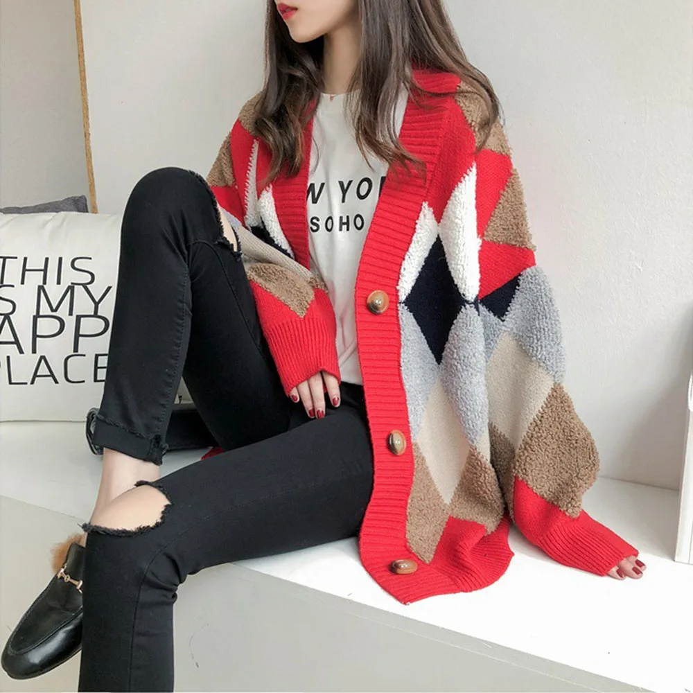 Loose Cardigan Sweater Coat Jacket Colorful Diamond Lattice Knit Korean Style Knitted Cardigan Single Breast Sweaters Women Tops