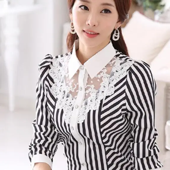 Женская кружевная блузка в полоску с длинным рукавом размеры до 4XL| |