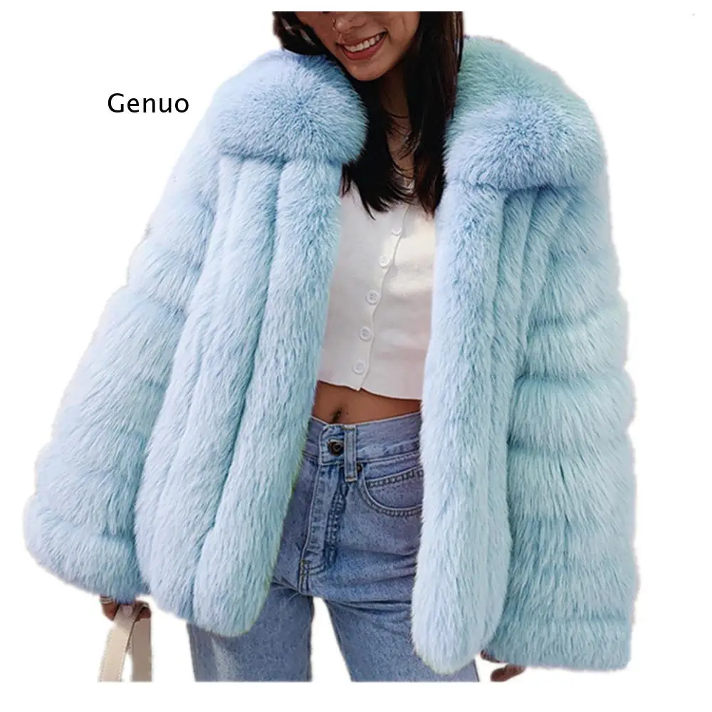 

Women Fashion Luxury Long Sleeve Turn Collar Faux Fur Coat Autumn Winter Warm Fur Coat Jacket Overcoat Woman Warm Fake Fur Coat