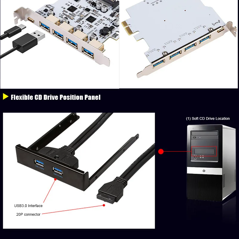 4-портовый USB 3.0 Type-C 19PIN Расширительная карта двухъядерный Позолоченный разъем QJY99