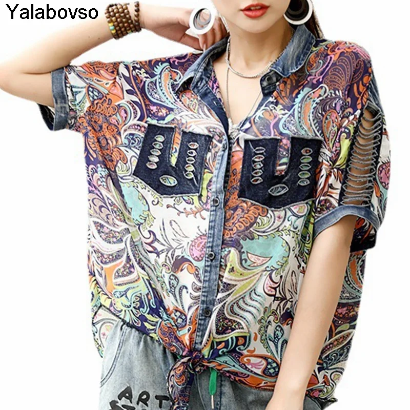

Blouse Foreign Style Shirts Female Summer 2021 New Short Sleeve Hollow Out Denim Splicing Printing Chiffon Tees And Tops