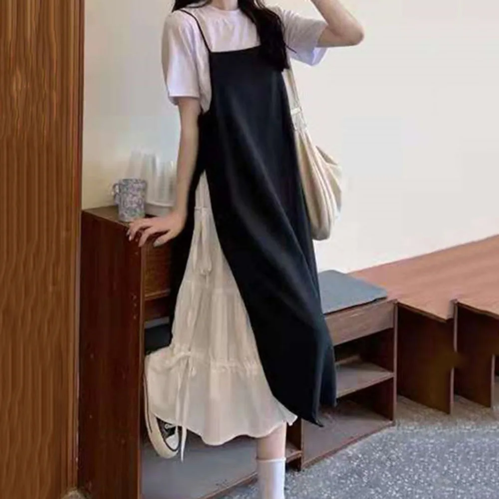 

2021 Summer New French Style Plus Size Fake Two Color Contrast Splicing Women's Dress Round Neck Summer Casual Loose