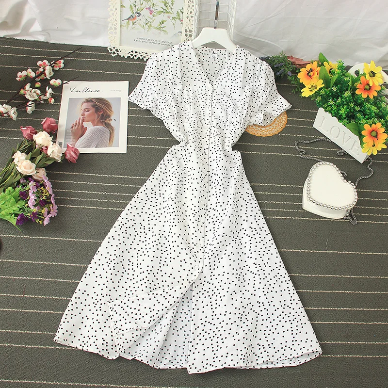 Женское винтажное платье Fitaylor облегающее однобортное миди в горошек с v-образным