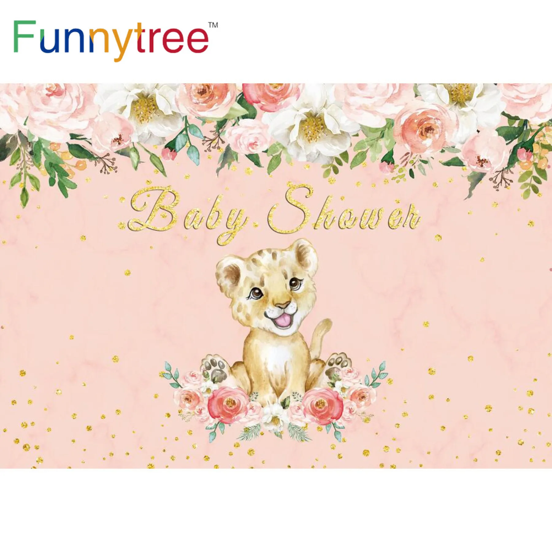 

Funnytree Small Lion Tiger Baby Shower Backdrop Flower Leaves Glitter Dot Child Birthday Party Supplies Kid Newborn Event Banner