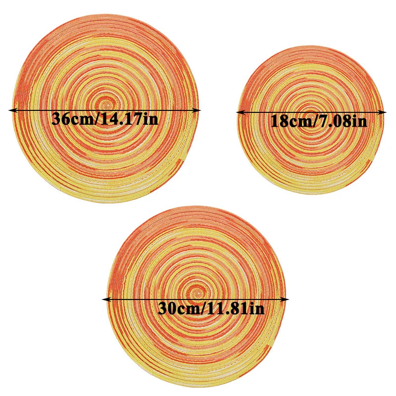 

Rainbow Color Placemat Bowl Satin Dyed Ramie Cotton Yarn Woven Cup Pad Round Plate Mat Individual Mantle Dining Coaster Set