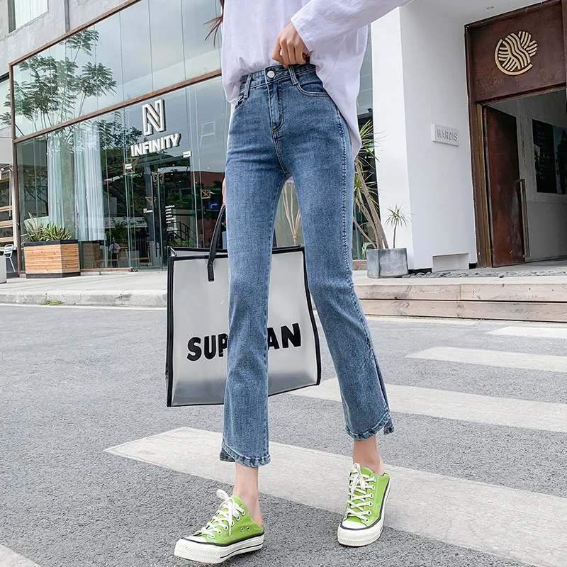 

Split Jeans Pants Women Ankle Length Denim Blue Jeans Trousers Capri Pants Plus Size 32 Female High Waisted Soft Washed Jeans
