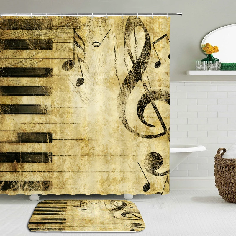 

2Pcs/Set Music Rock Guitar Shower Curtains Set Mat Bathroom Waterproof Bath Curtains Cloth With Rectangle Non-slip Floor Mat