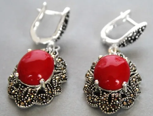 Long lady's amazing 11/2&quot Vintage 925 Silver &amp Marcasite Red Coral Earrings Beads ONYX Drop Natural jade EARRINGS | Украшения и