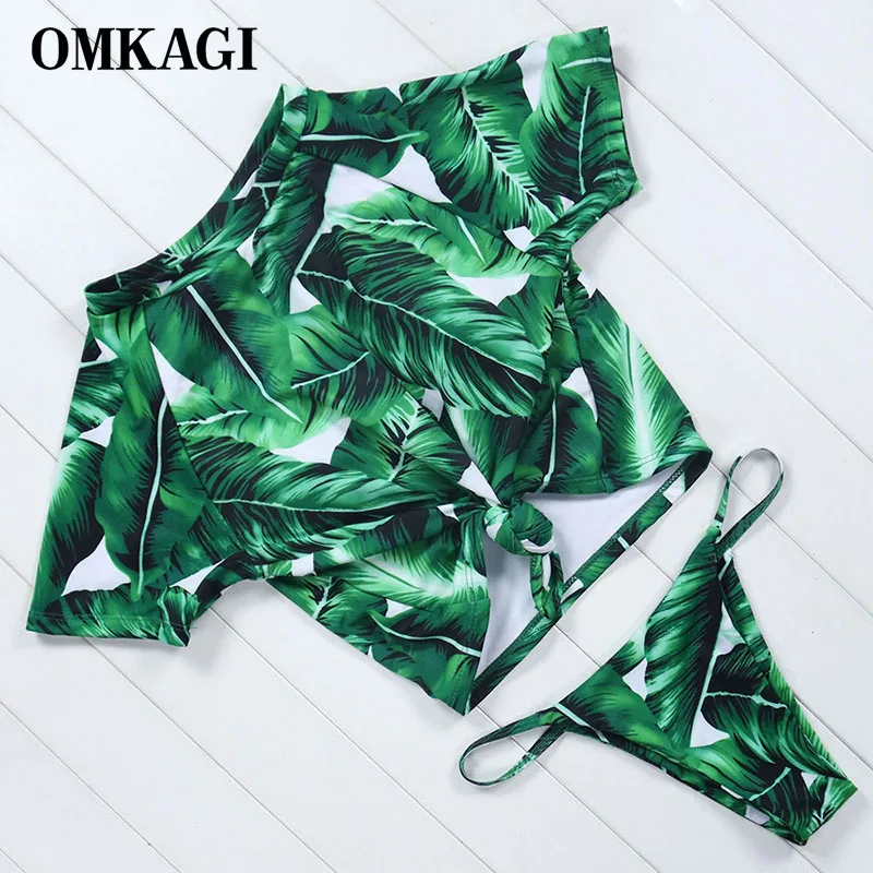 OMKAGI Bikin Бразильское бикини с длинным рукавом высоким вырезом растительный