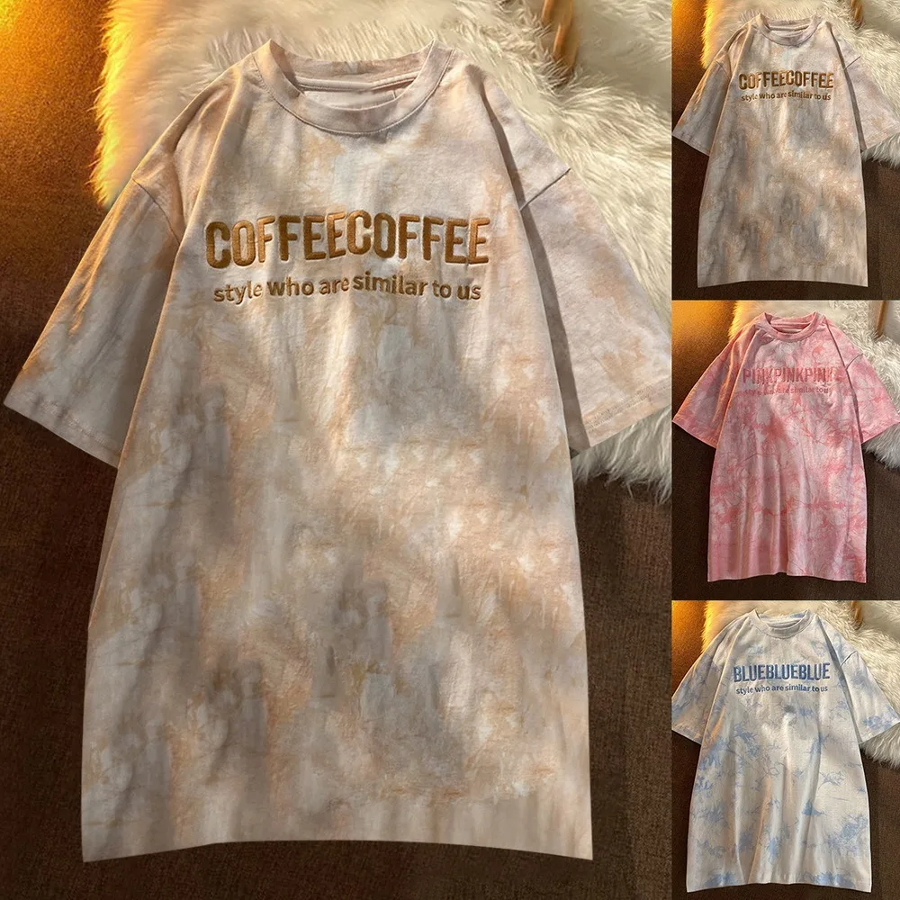 

Short Sleeve Women T-shirts Letter Embroidery Tie Dye Oversize Hip Hop Loose Korean Style All-match Students Simple Chic O-neck