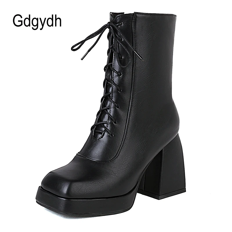 

Gdgydh Great Quality Black Platform Chunky Heels Women Boots Square Toe Lace Up Women Short Boots Office Lady White Rubber Sole