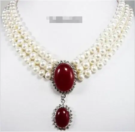 DYY Hot sale new Style &gt&gt&gt&gt&gt3 Rows Real White Pearl Red Jade 18KWGP Crystal Clasp Pendant Necklace |