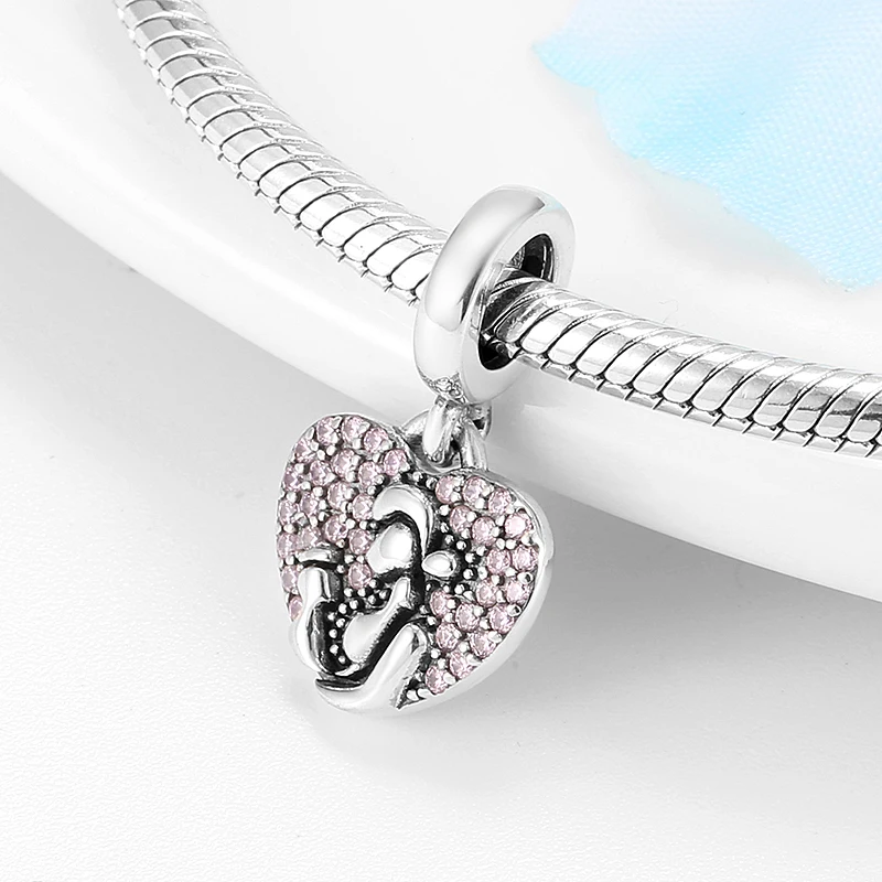 Новое 925 пробы серебро мама и сын розовая подвеска в виде сердца с фианитами бусы