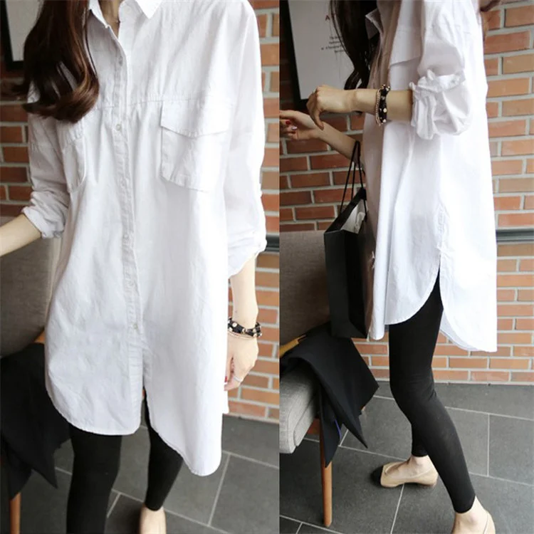 

Женская свободная рубашка средней длины с длинным рукавом и разрезом сбоку