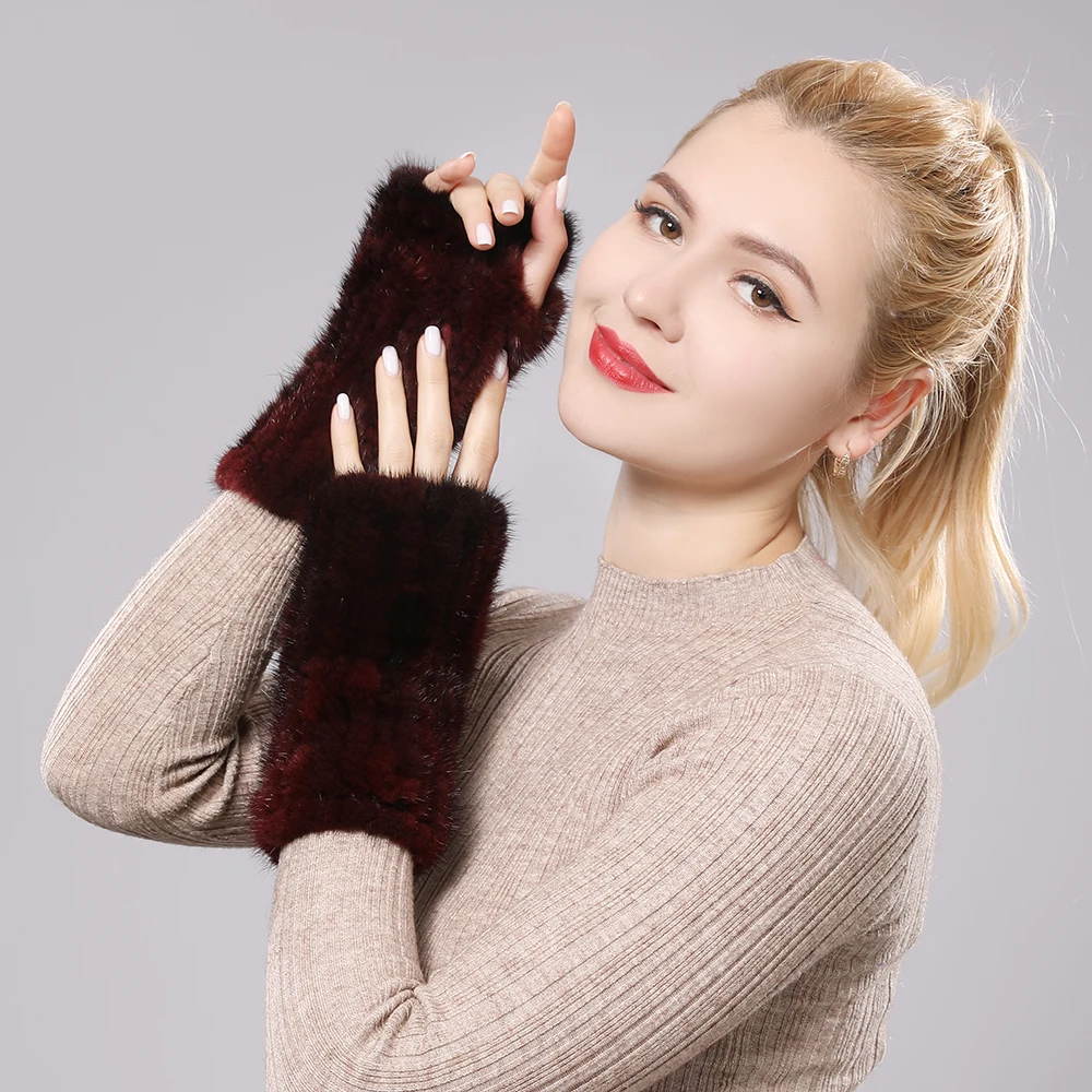 New Women 100% Real Genuine Knitted Mink Fur Mittens Winter Warm Lady Real Fur Fingerless Gloves Handmade Knit Mink Fur Mitten images - 6