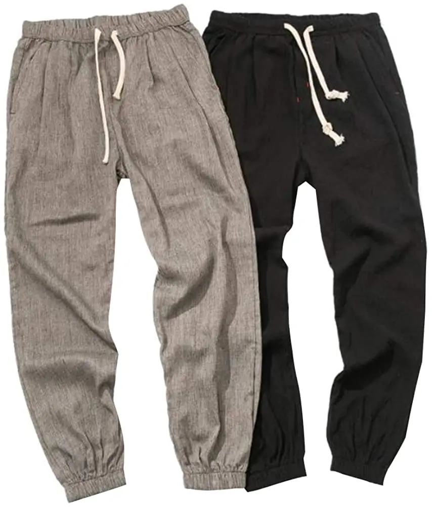 

New Men Pure Color Trousers Cotton Linen Breathable Casual Elastic Cuff Feet Jogger Pant Sweatpants with Pocket Comfortable