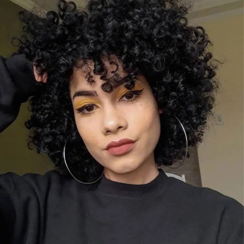 

Afro Kinky Curly Wig With Bangs Full Machine Made Scalp Top Wig Short Curly Human Hair Wigs For Women