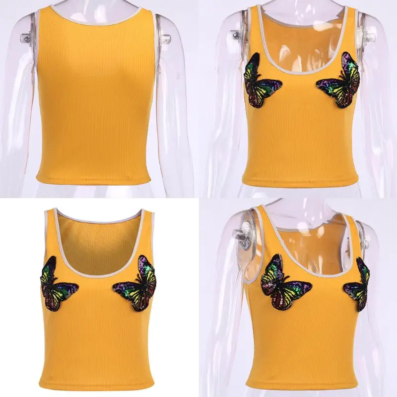 

Women Sexy Sleeveless Vest Shiny Sequins Butterfly Pattern Crop Top Slim Fit Top