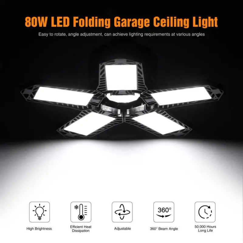 

80W LED Garage Light Deformation Folding Lamp High Bay Light Ceiling Light Fan Garage Workshop Light Indoor Lighting AC85-265V