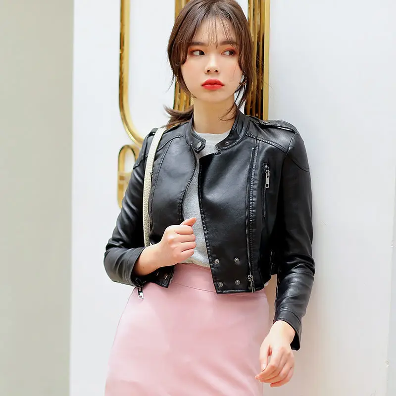 

Осень 2021 Молодежная новая ультракороткая тонкая куртка из искусственной кожи с высокой талией в Корейском стиле