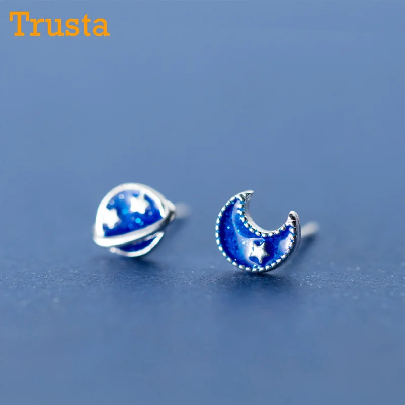 Женские серьги гвоздики из серебра 2018 пробы с Луной и звездами|fashion stud earrings|stud