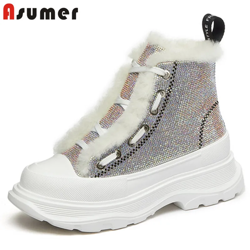 

Asumer 2021 Winter Shoes Women Wool Snow Boots Genuine Leather Crystal Lace Up Flat Platform Shoes Women Ankle Boots Newest