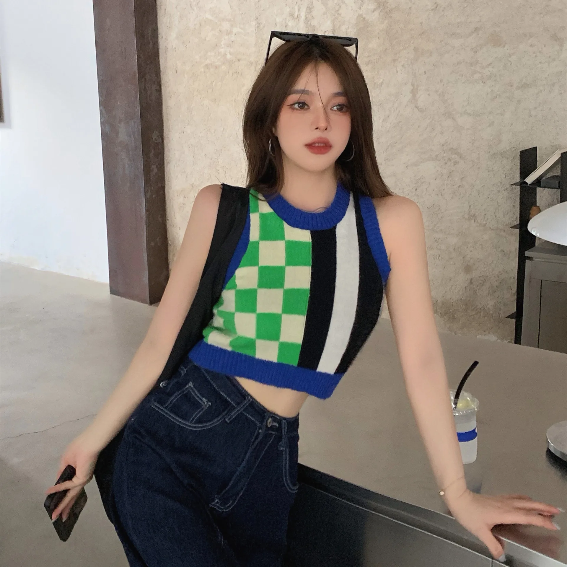 

Women Crop Tops Autumn Sleeveless Knitted Tops Cropped Feminino O-Neck Elastic Patchwork Elegant Crop Tops Female Basic Tees