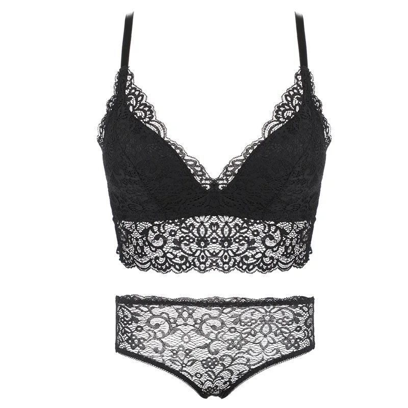 

French Sexy Lace Triangle Cup Gather Underwear Set Women's Lingerie No Trace No Steel Ring Solid Color Comfortable Push Up Bra