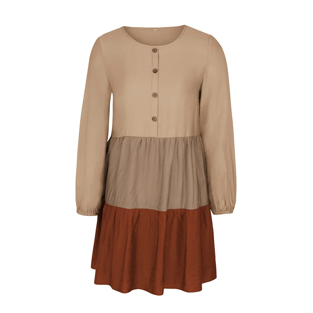 

FORERUN Women Patchwork Dress 2021 New Spring Lantern Long Sleeve O Neck Ruffle Mini Vestidos Robe Femme