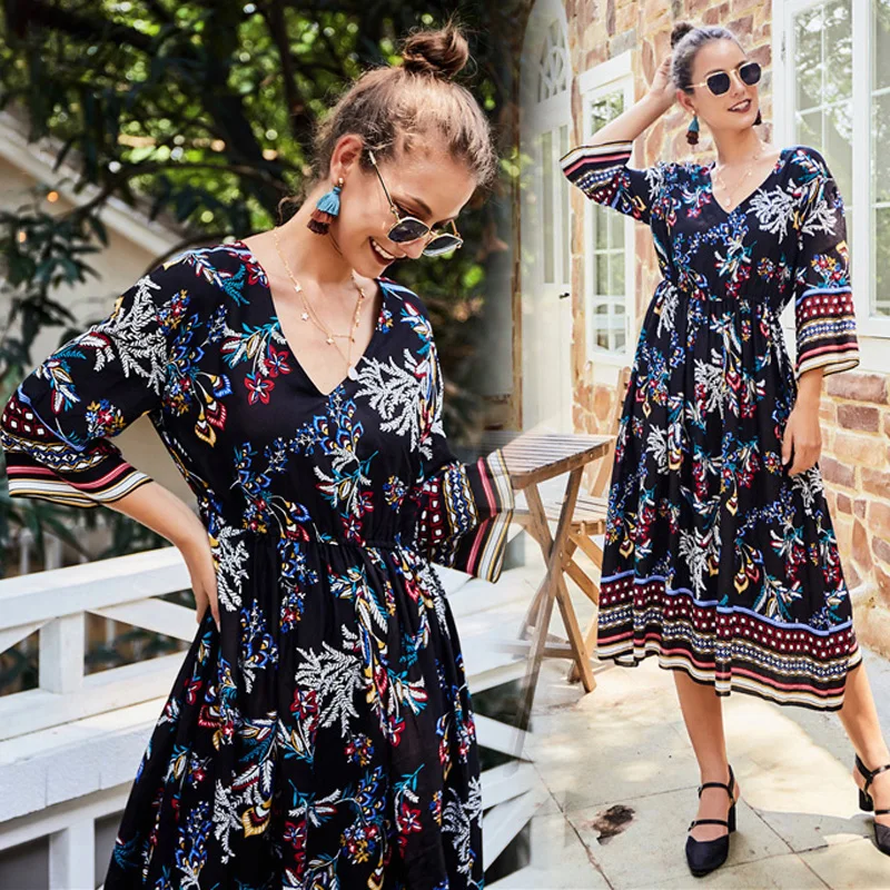 Женское платье Бохо модное Повседневное с v-образным вырезом и высокой талией