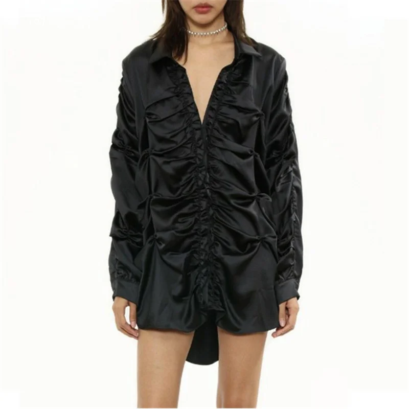 

Блузка Женская атласная с длинным рукавом, однотонная плиссированная рубашка с жемчужинами, свободного покроя, французская уличная одежда ...