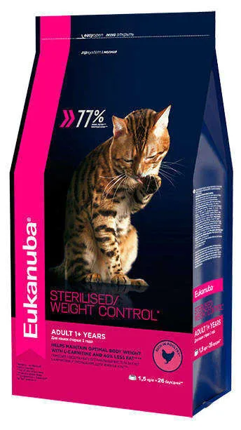 Сухой корм для кошек Eukanuba Sterilised/Weight control, для стерелизованных, контроль веса, 1.5кг