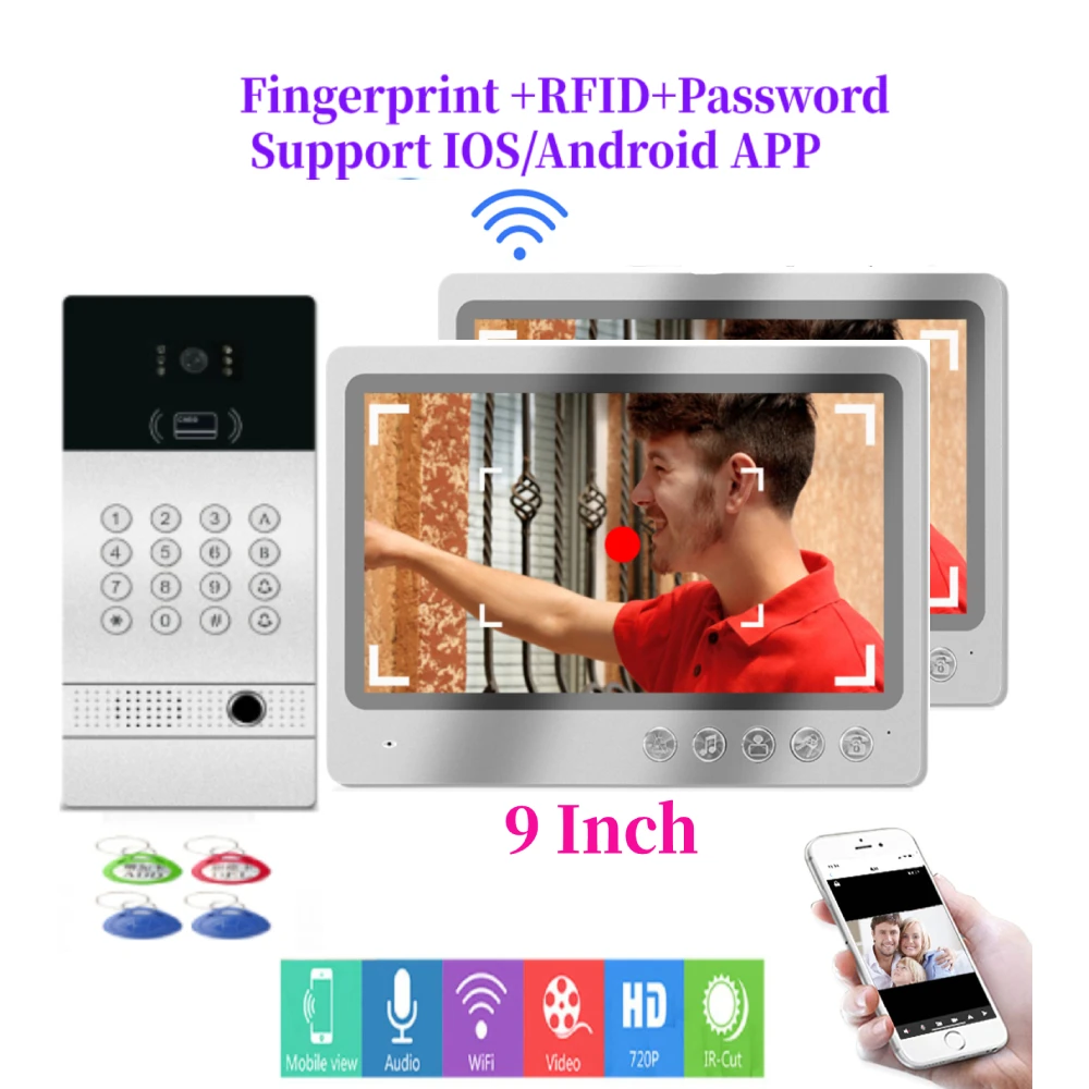 

Smart App Remote Unlock WiFi IP Video Door Phone Video Intercom System Motion Detection Fingerprint password RFID Camera