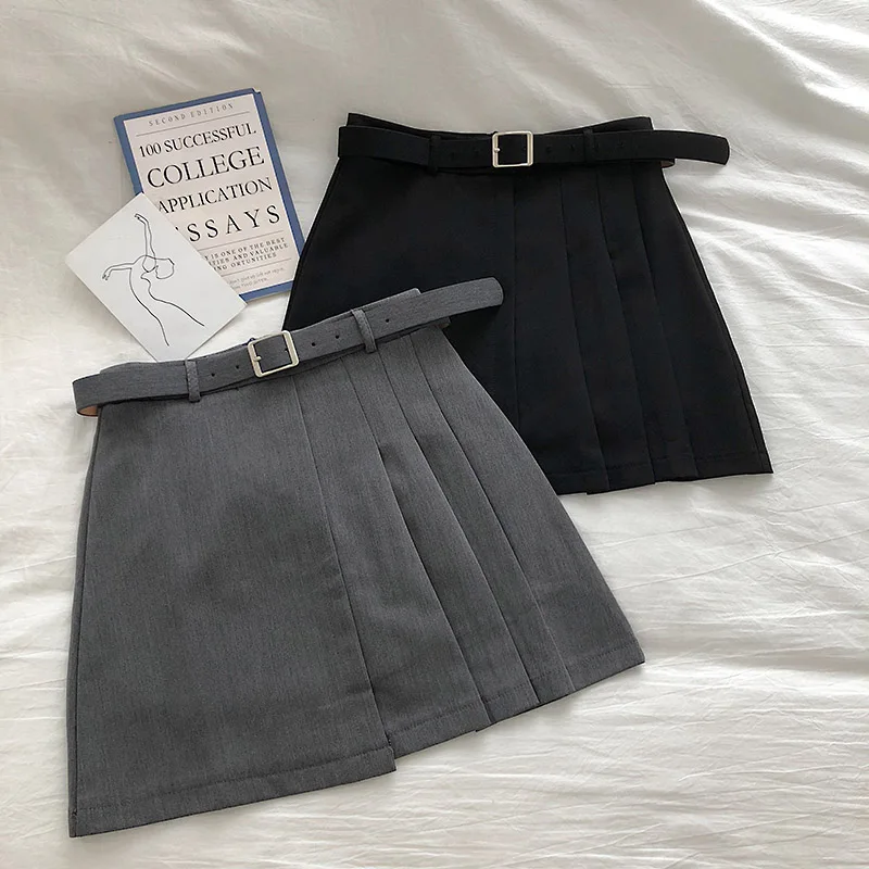Женская летняя одежда 2023, плиссированная трапециевидная мини-юбка составного кроя с высокой талией, черная, серая, в стиле преппи, корейская мода, юбка в стиле Харадзюку
