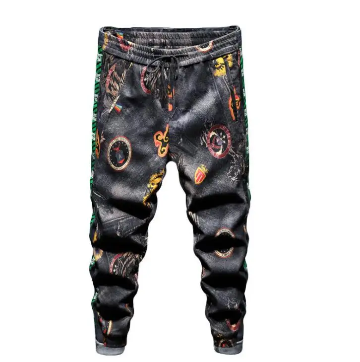 New European printing pants men's jeans American style digital slim-fit flower trousers lace-up closure stretch casual trousers